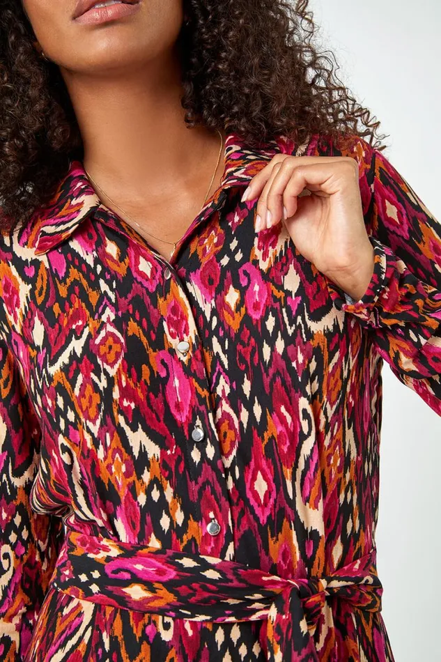 Women Cerise Aztec Print Midi Stretch Shirt Dress Roman Dresses