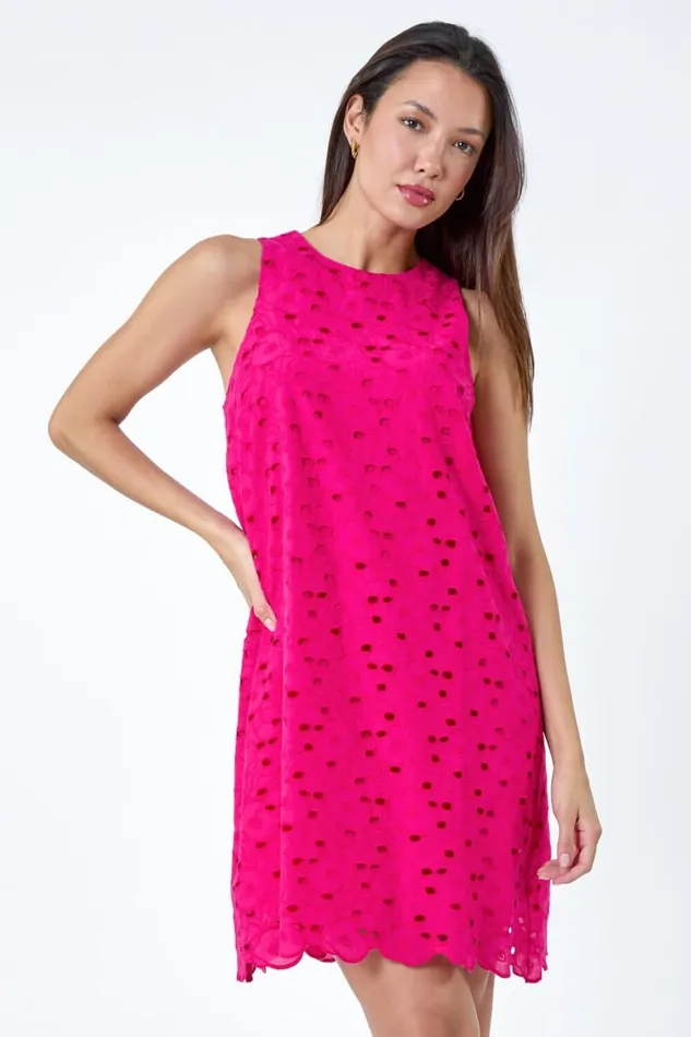 Women Cerise Cotton Embroidery Detail Shift Dress Roman Dresses