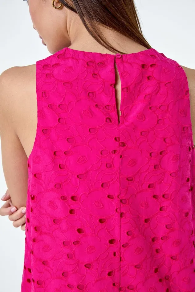 Women Cerise Cotton Embroidery Detail Shift Dress Roman Dresses