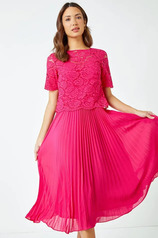 Women Cerise Lace Top Overlay Pleated Midi Dress Roman Dresses