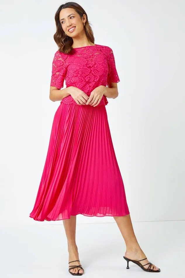 Women Cerise Lace Top Overlay Pleated Midi Dress Roman Dresses