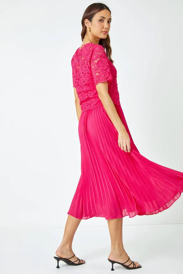 Women Cerise Lace Top Overlay Pleated Midi Dress Roman Dresses