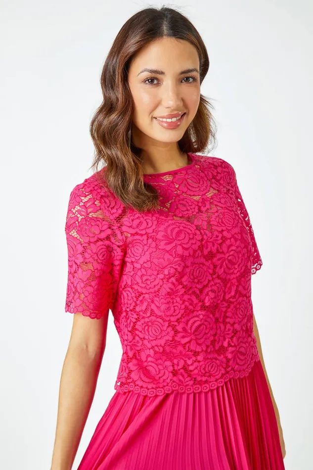 Women Cerise Lace Top Overlay Pleated Midi Dress Roman Dresses