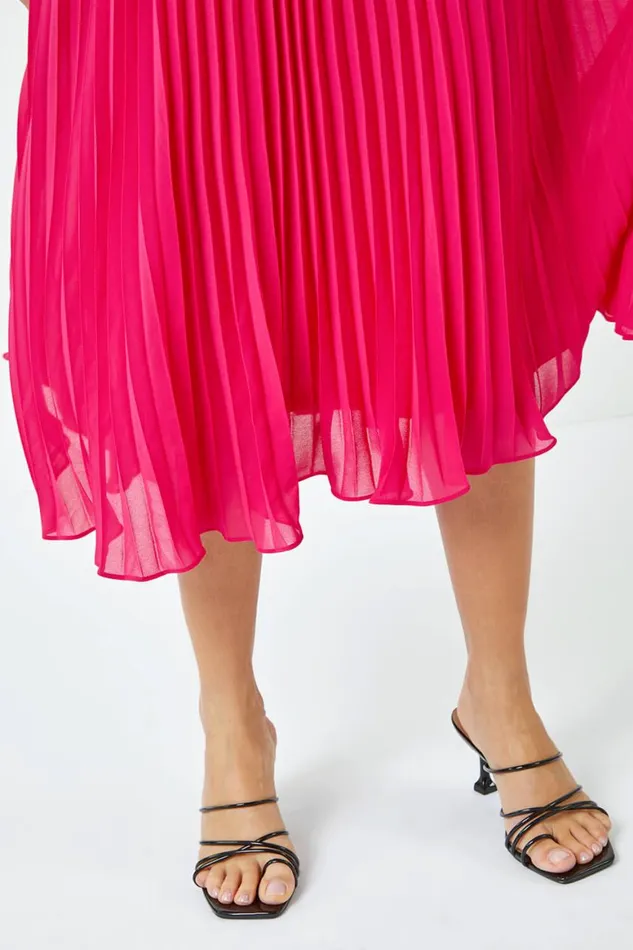 Women Cerise Lace Top Overlay Pleated Midi Dress Roman Dresses
