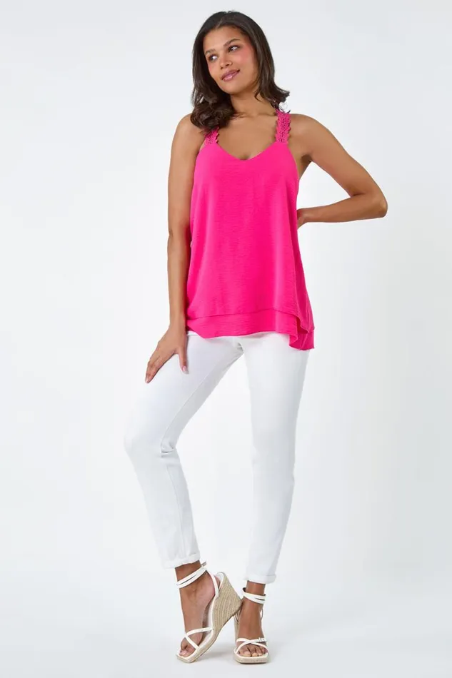 Women Cerise Lace Trim Strappy Vest Top Roman Tops