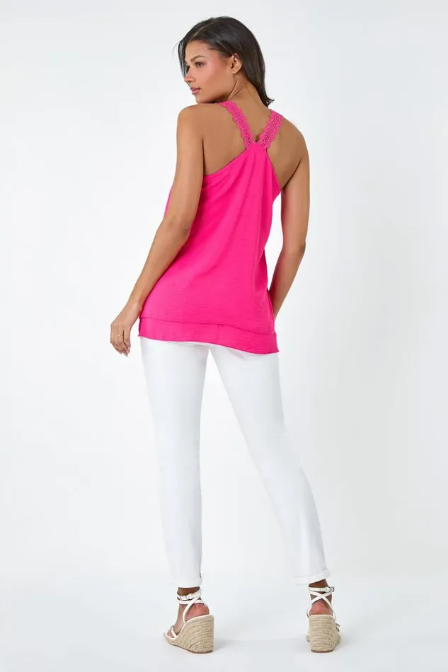 Women Cerise Lace Trim Strappy Vest Top Roman Tops