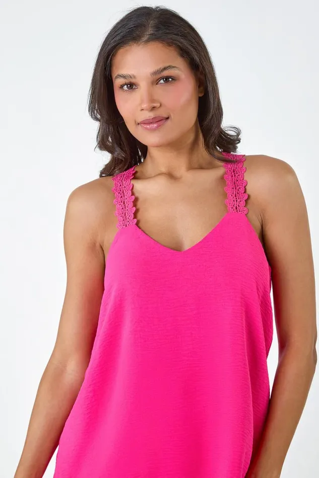Women Cerise Lace Trim Strappy Vest Top Roman Tops