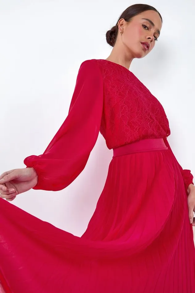 Women Cerise Petite Elastic Waist A Line Pleated Maxi Skirt Roman Skirts