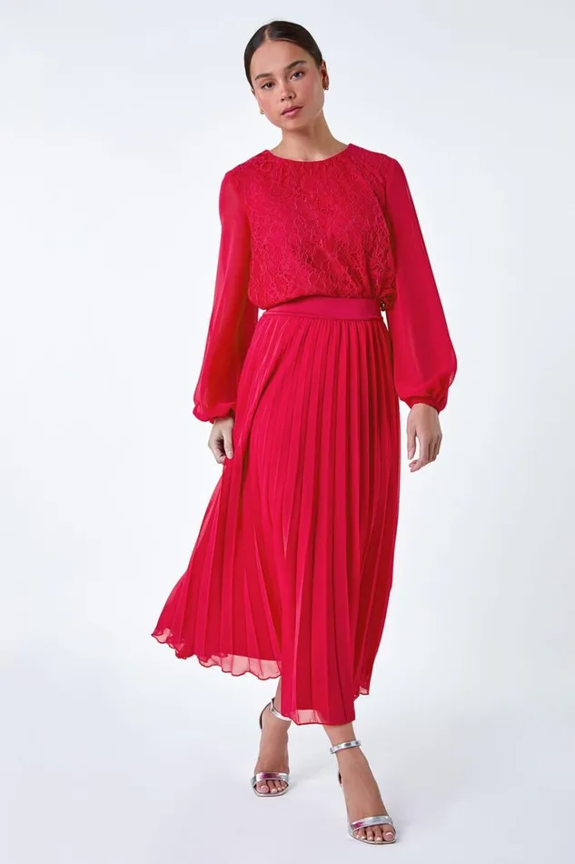 Women Cerise Petite Elastic Waist A Line Pleated Maxi Skirt Roman Skirts
