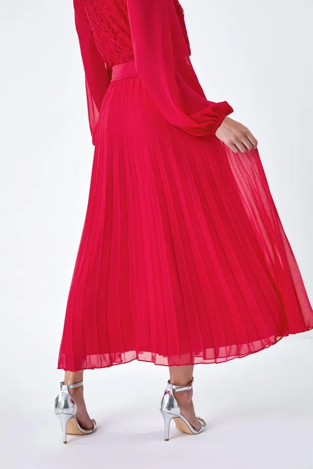 Women Cerise Petite Elastic Waist A Line Pleated Maxi Skirt Roman Skirts