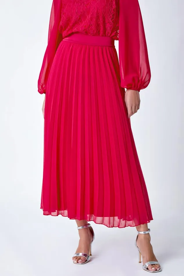 Women Cerise Petite Elastic Waist A Line Pleated Maxi Skirt Roman Skirts