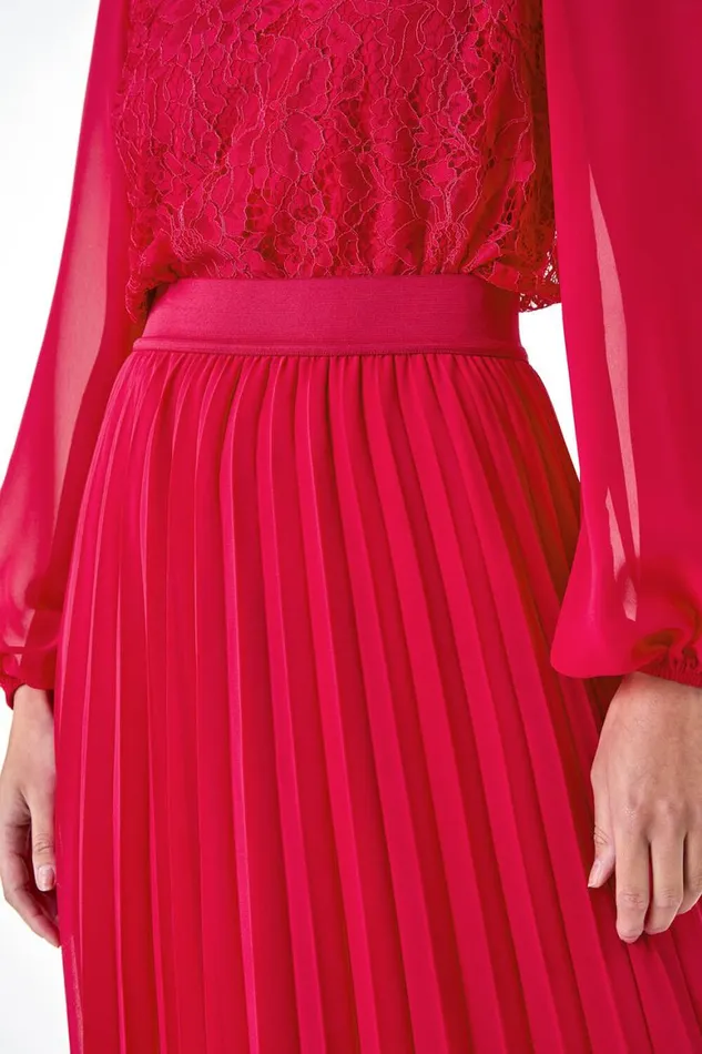 Women Cerise Petite Elastic Waist A Line Pleated Maxi Skirt Roman Skirts