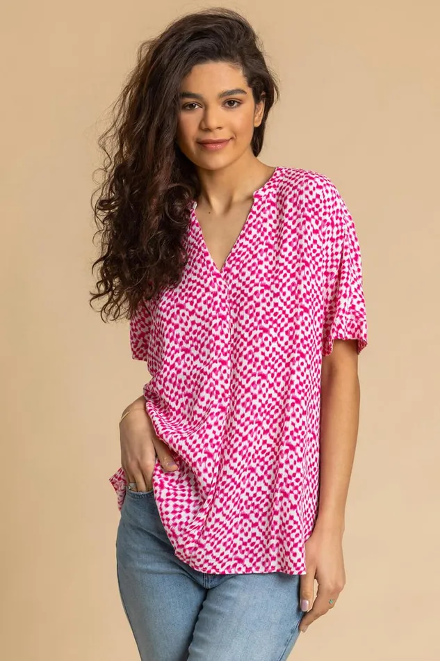 Women Cerise Spot Print VNeck Tunic Top Roman Tops