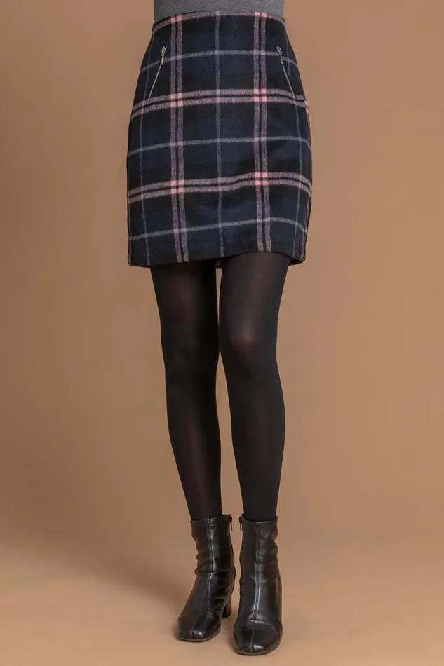 Women Checked Zip Detail Brushed A Line Skirt Roman Skirts