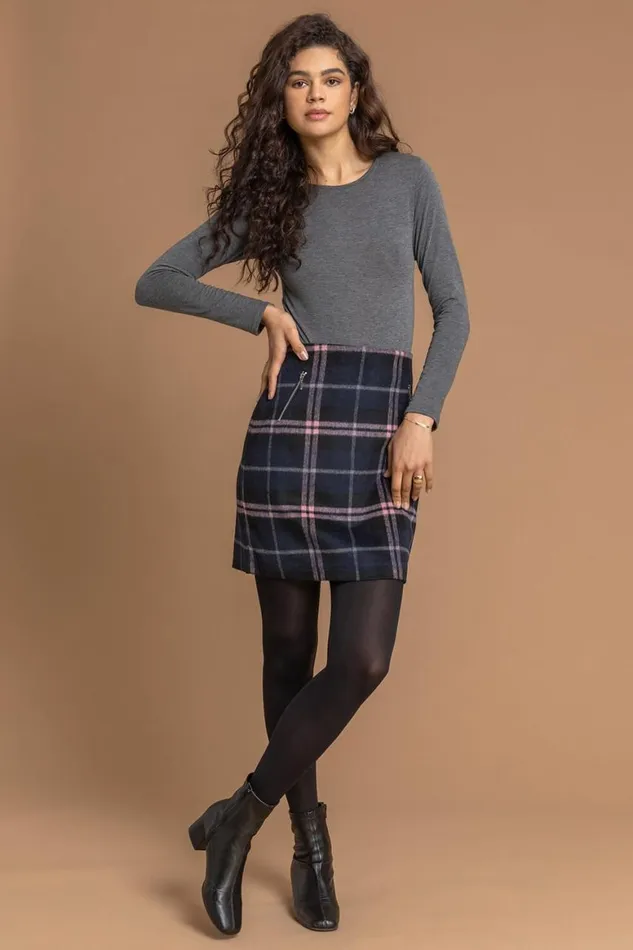 Women Checked Zip Detail Brushed A Line Skirt Roman Skirts
