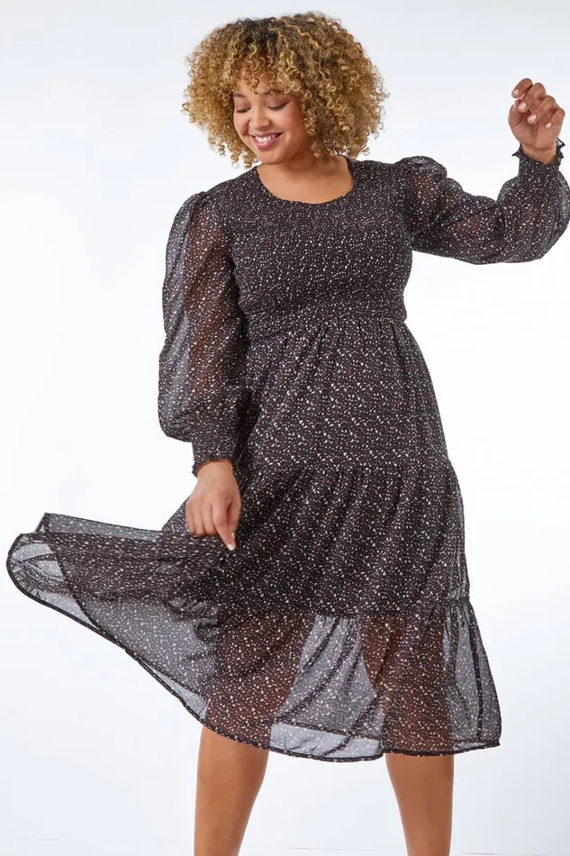 Women Chocolate Curve Heart Tiered Stretch Midi Dress Roman Dresses
