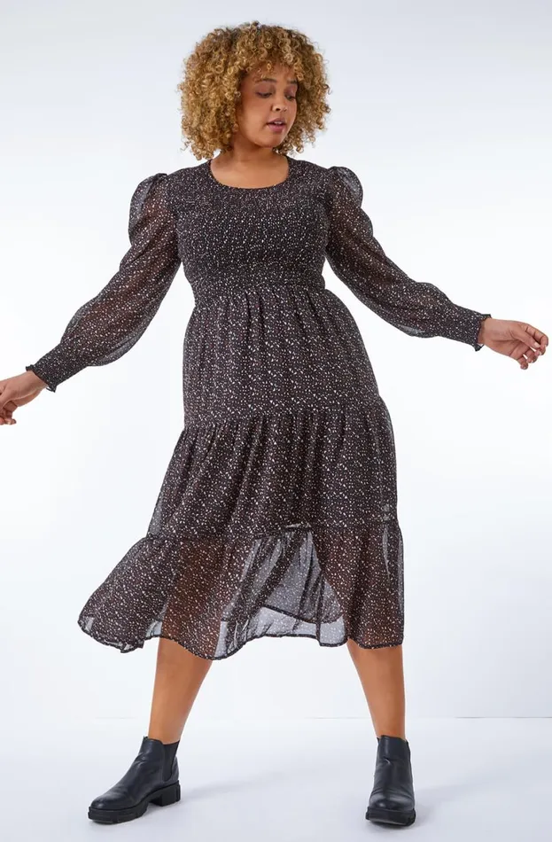Women Chocolate Curve Heart Tiered Stretch Midi Dress Roman Dresses