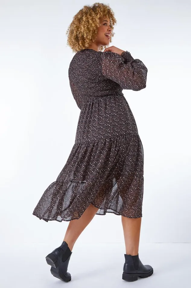 Women Chocolate Curve Heart Tiered Stretch Midi Dress Roman Dresses
