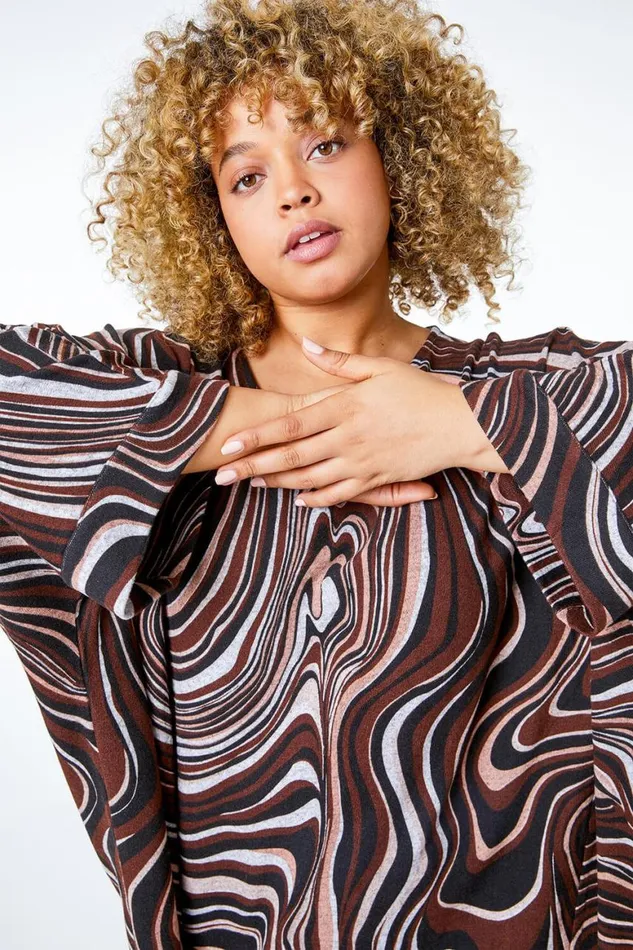 Women Chocolate Curve Swirl Print Batwing Top Roman Tops