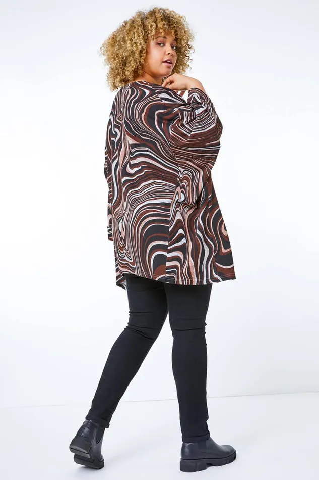 Women Chocolate Curve Swirl Print Batwing Top Roman Tops