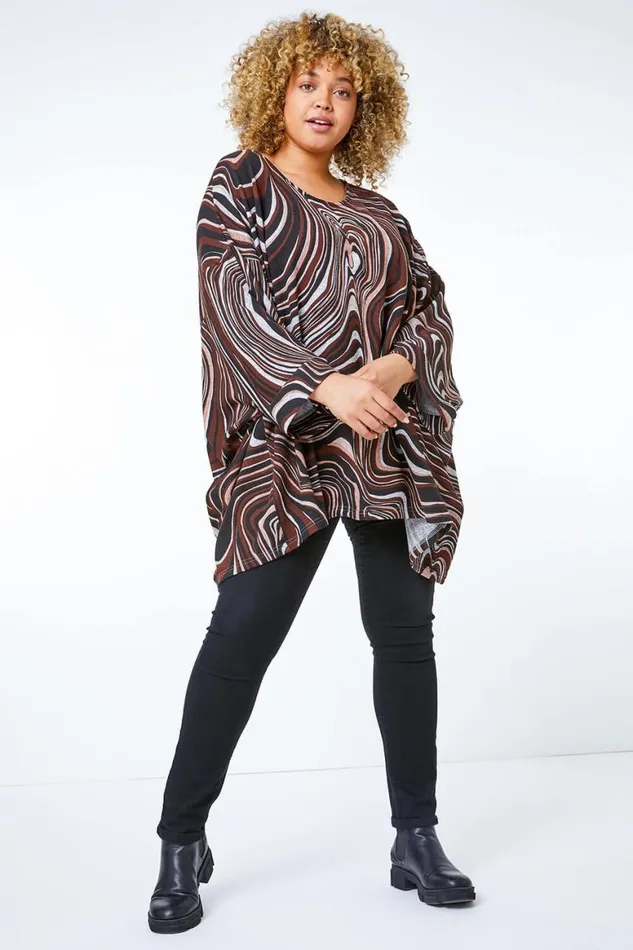 Women Chocolate Curve Swirl Print Batwing Top Roman Tops