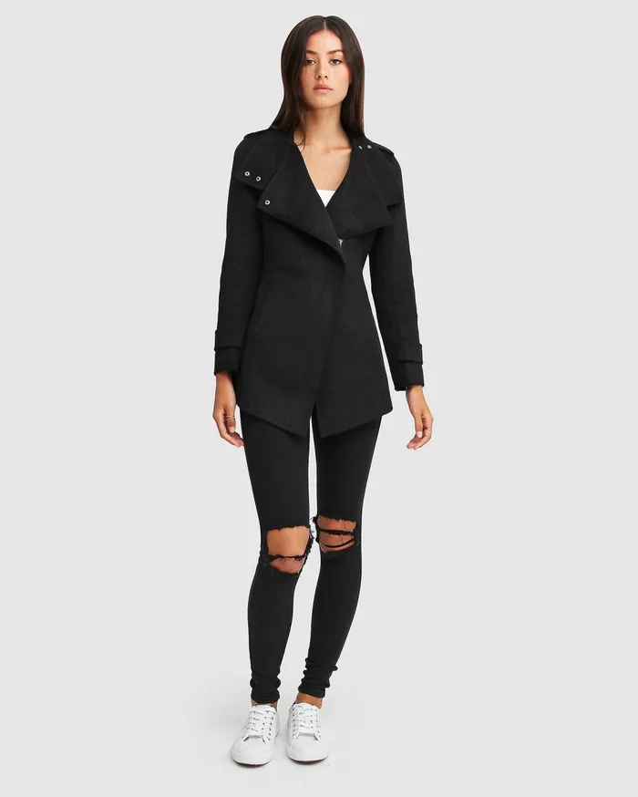 Women Coats and Jackets Belle and Bloom NEW FIT Bad Girl Wool Blend Moto Coat 8211 Black