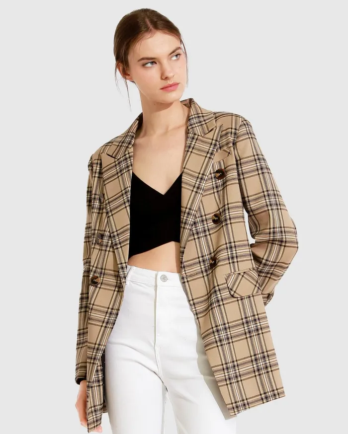 Women Coats and Jackets Belle and Bloom Too Cool For Work Plaid Blazer 8211 Camel