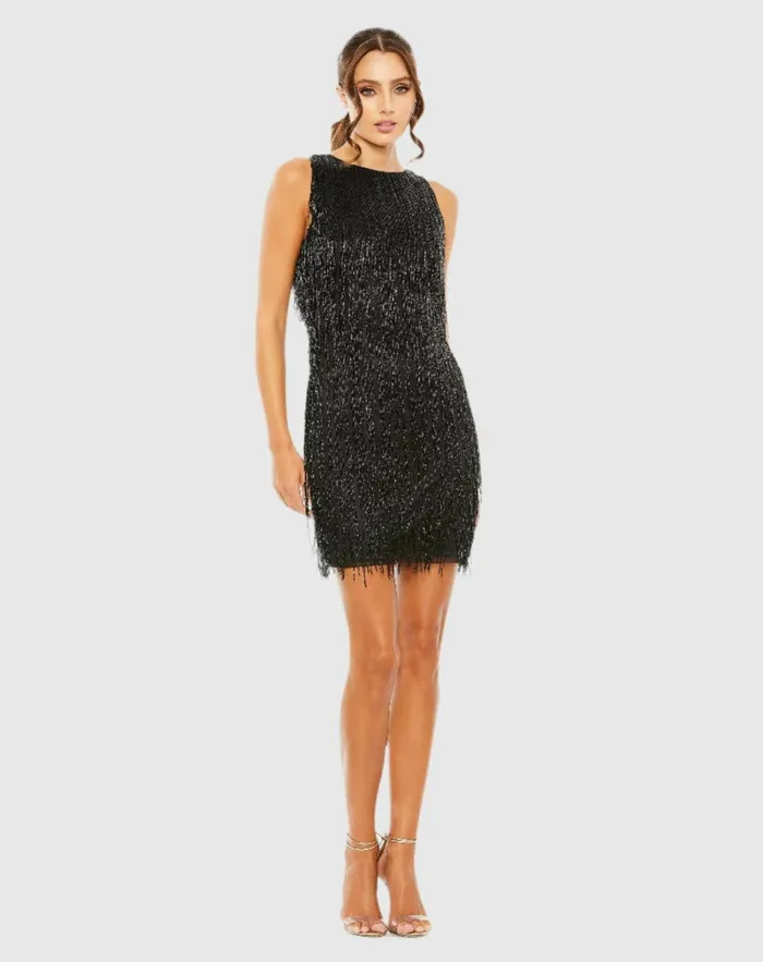 Women Cocktail Dresses Mac Duggal Embellished Beaded Fringe Dress Black