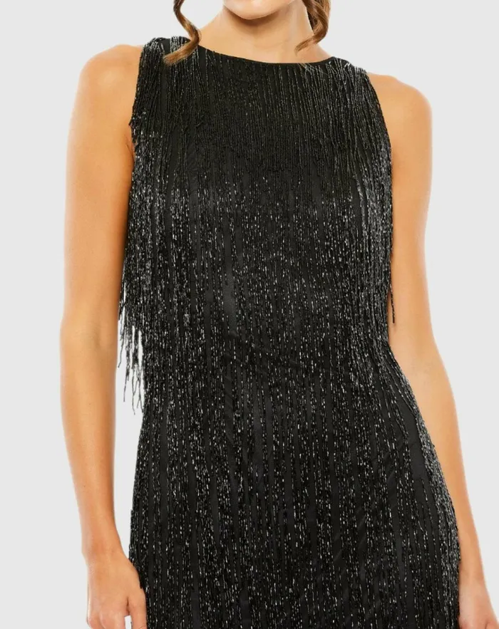 Women Cocktail Dresses Mac Duggal Embellished Beaded Fringe Dress Black