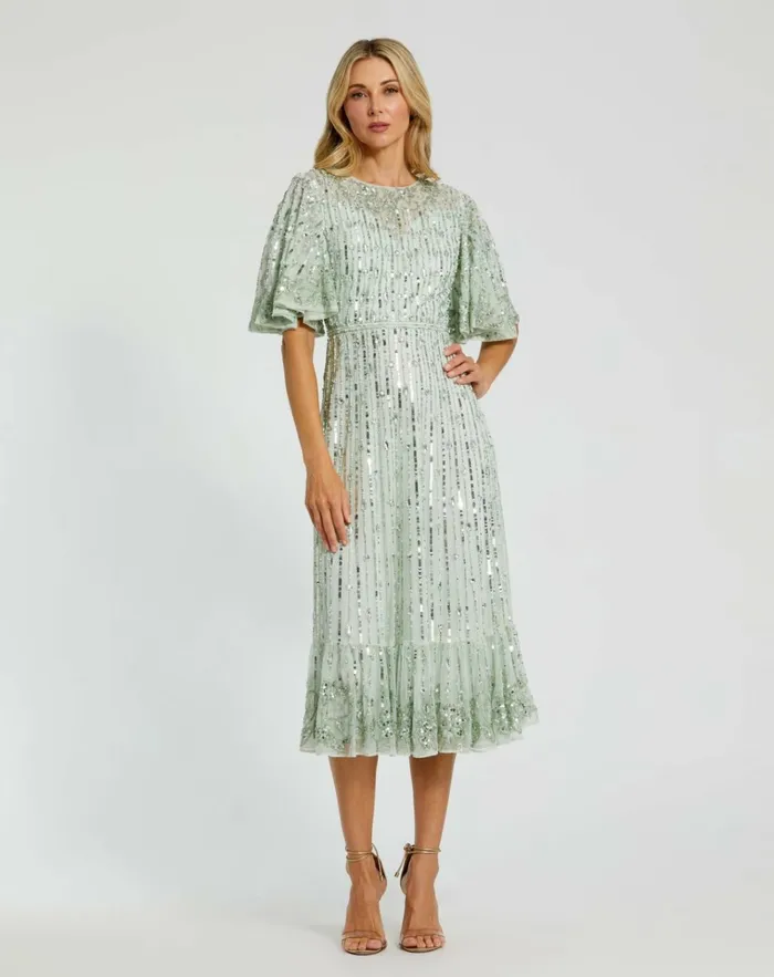 Women Cocktail Dresses Mac Duggal Flounce Sleeve Midi Dress Sage