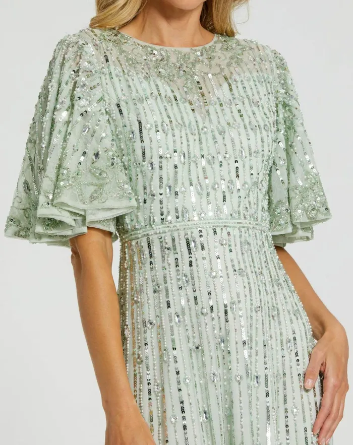 Women Cocktail Dresses Mac Duggal Flounce Sleeve Midi Dress Sage