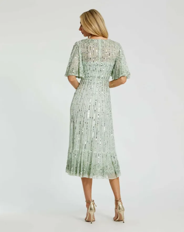 Women Cocktail Dresses Mac Duggal Flounce Sleeve Midi Dress Sage