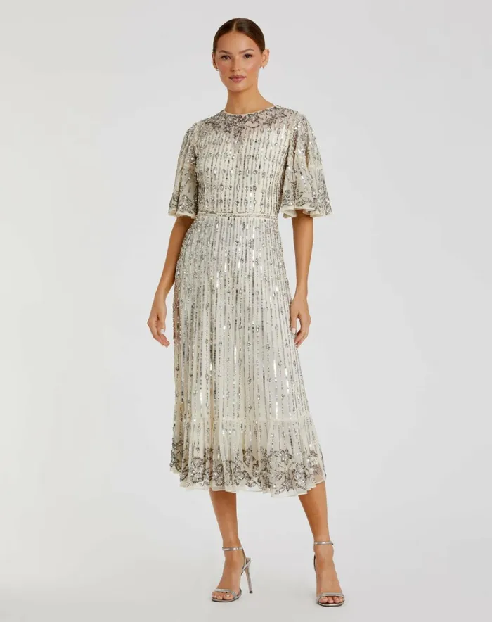 Women Cocktail Dresses Mac Duggal Flounce Sleeve Midi Dress Sage