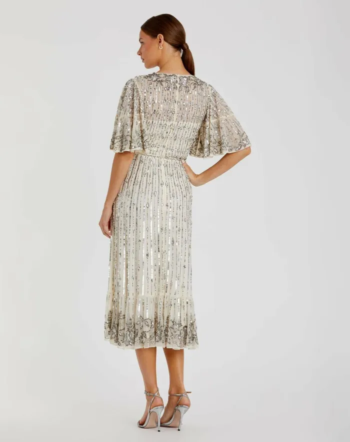 Women Cocktail Dresses Mac Duggal Flounce Sleeve Midi Dress Sage