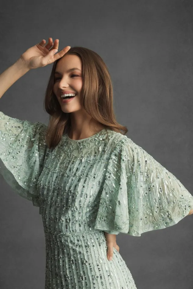 Women Cocktail Dresses Mac Duggal Flounce Sleeve Midi Dress Sage