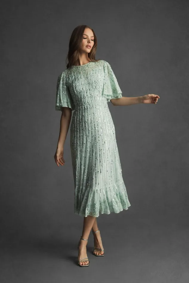 Women Cocktail Dresses Mac Duggal Flounce Sleeve Midi Dress Sage