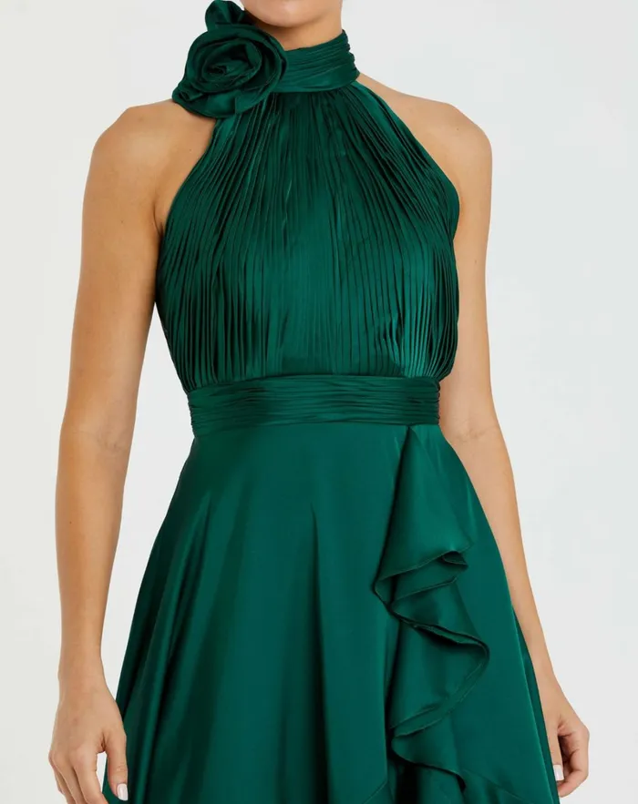 Women Cocktail Dresses Mac Duggal Green Halter Neck Flower Detail Ruffled Midi Dress Emerald