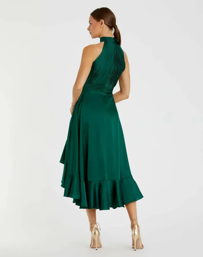 Women Cocktail Dresses Mac Duggal Green Halter Neck Flower Detail Ruffled Midi Dress Emerald