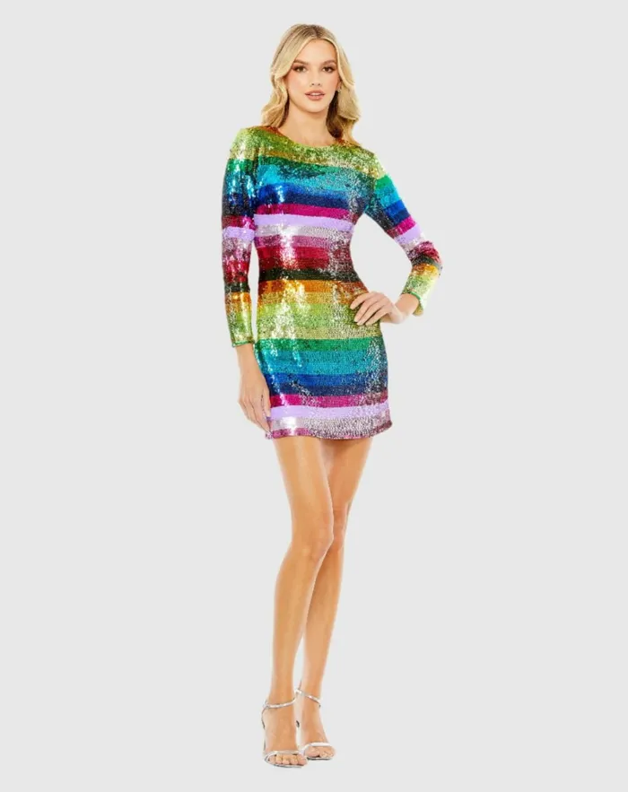Women Cocktail Dresses Mac Duggal Long Sleeve Sequin Rainbow Dress Multi