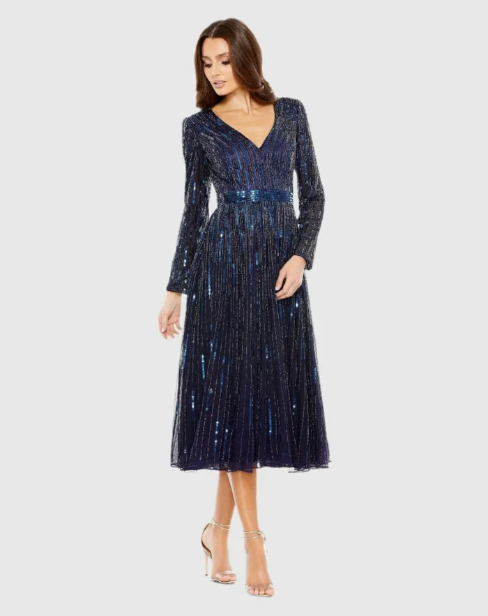 Women Cocktail Dresses Mac Duggal Navy Long Sleeve Tea Length Dress Midnight