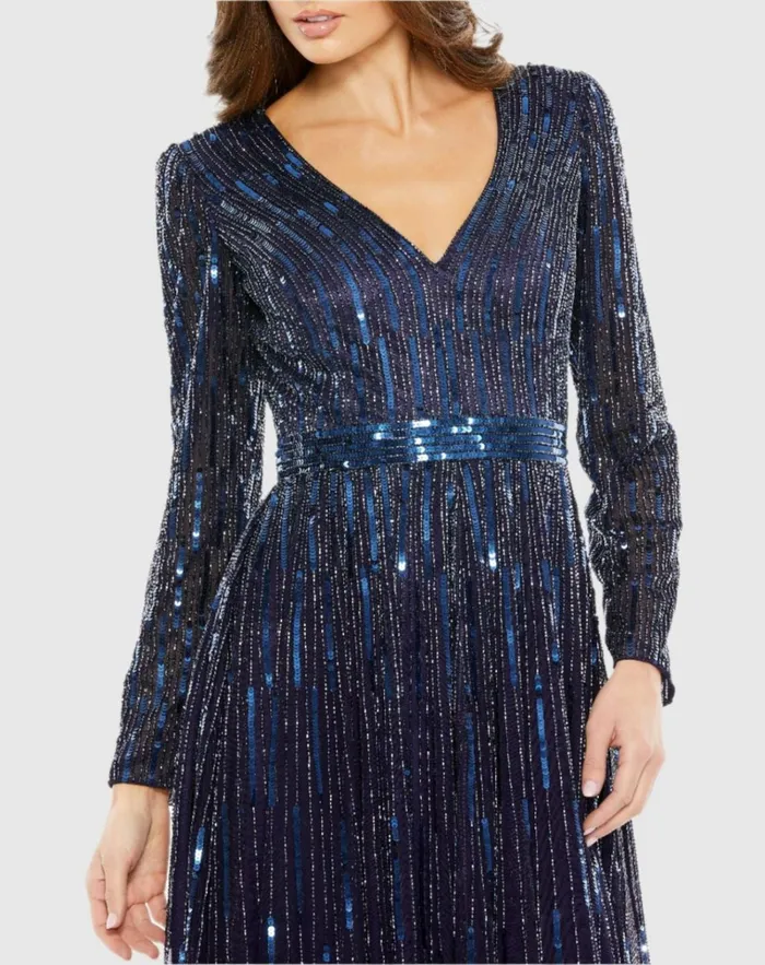 Women Cocktail Dresses Mac Duggal Navy Long Sleeve Tea Length Dress Midnight