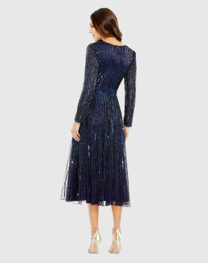 Women Cocktail Dresses Mac Duggal Navy Long Sleeve Tea Length Dress Midnight