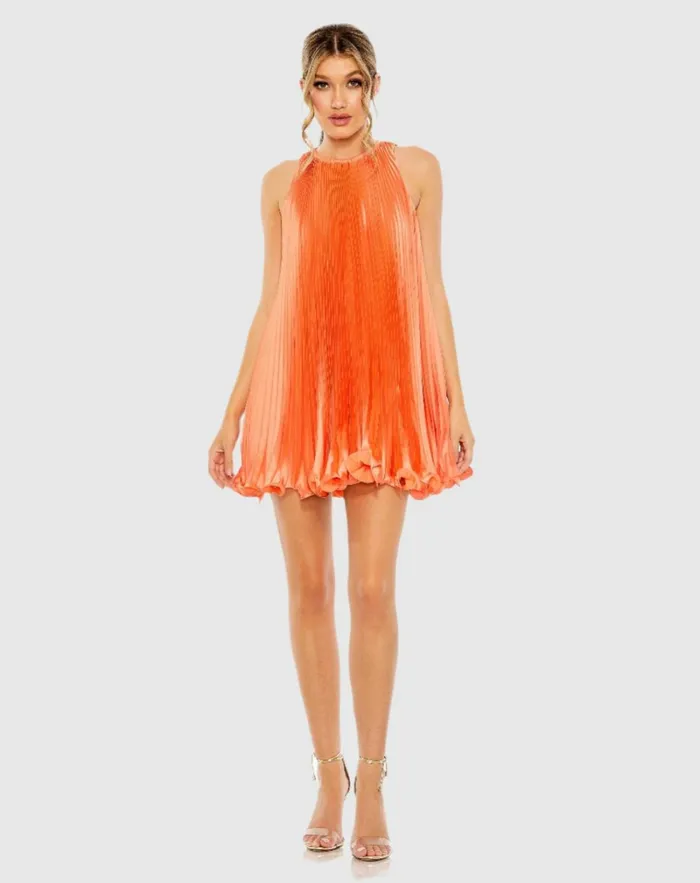 Women Cocktail Dresses Mac Duggal Orange Pleated Halter Neck Flowy Mini Trapeze Dress Tangerine
