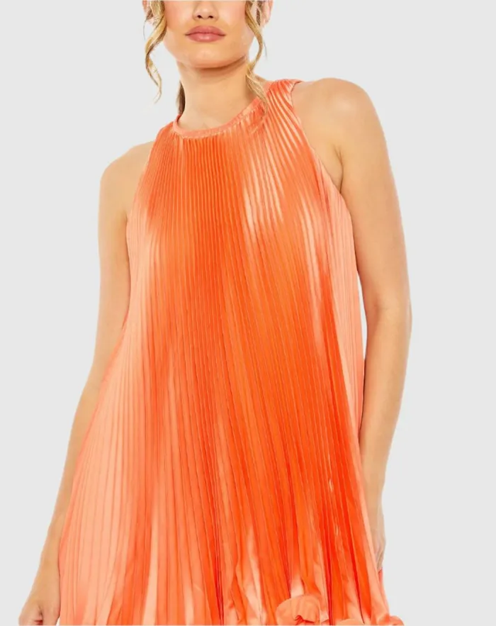 Women Cocktail Dresses Mac Duggal Orange Pleated Halter Neck Flowy Mini Trapeze Dress Tangerine