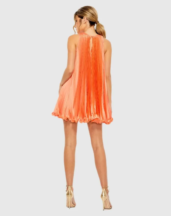 Women Cocktail Dresses Mac Duggal Orange Pleated Halter Neck Flowy Mini Trapeze Dress Tangerine