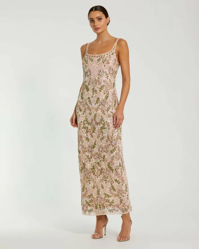 Women Cocktail Dresses Mac Duggal Sleeveless Hand Beaded Floral Midi Dress Nude Multi