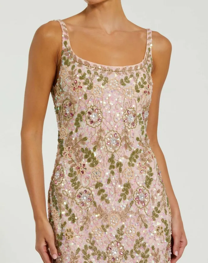 Women Cocktail Dresses Mac Duggal Sleeveless Hand Beaded Floral Midi Dress Nude Multi
