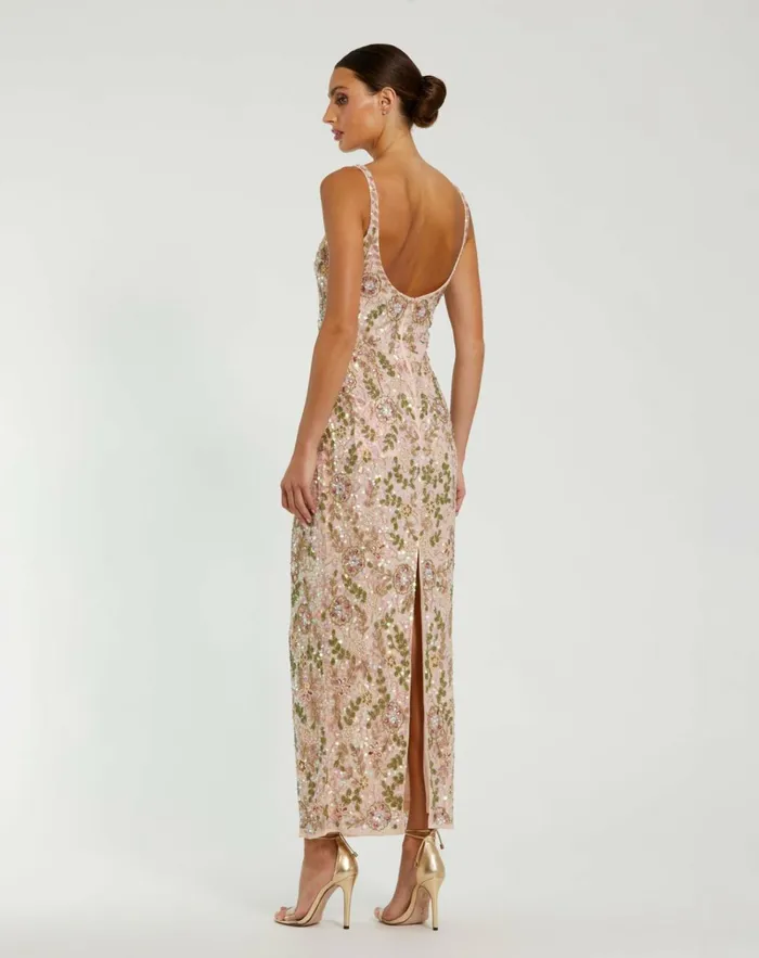 Women Cocktail Dresses Mac Duggal Sleeveless Hand Beaded Floral Midi Dress Nude Multi