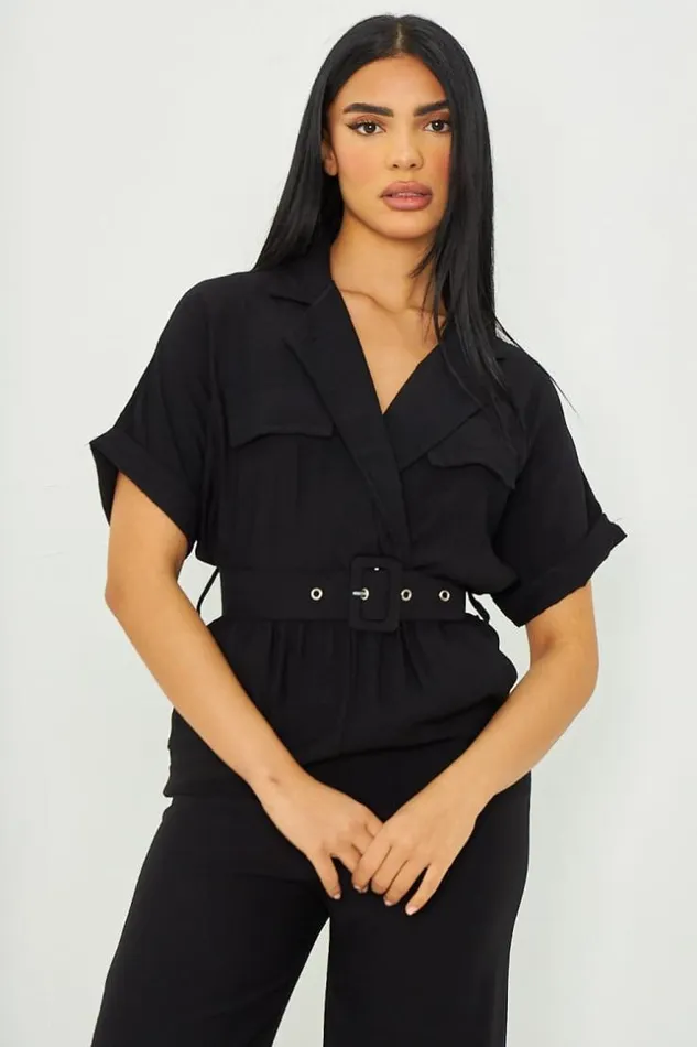Women Combinaison Pantalon Ceintur Noire Black Brentiny Paris Playsuits