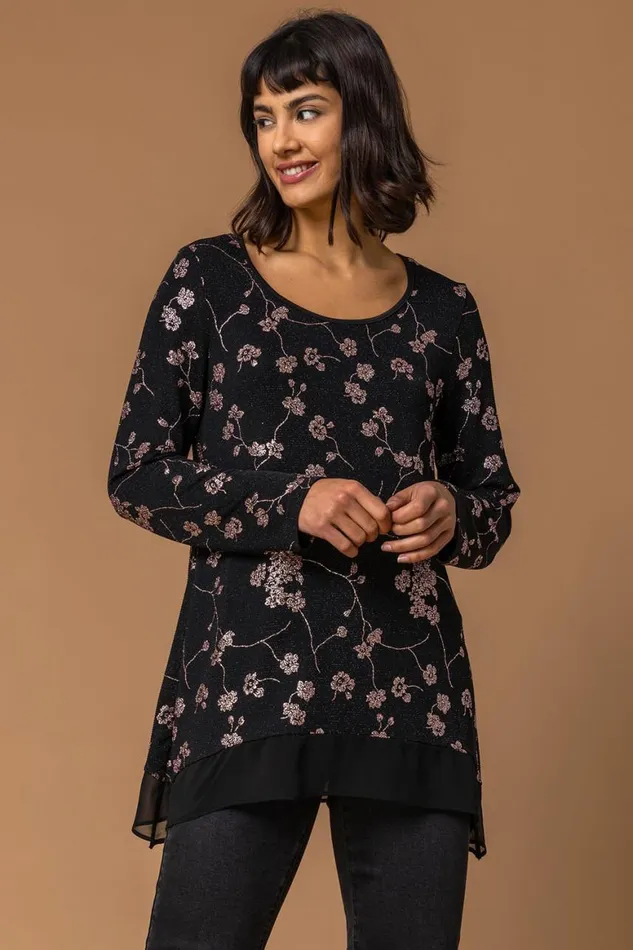 Women Copper Shimmer Floral Print Top Roman Tops
